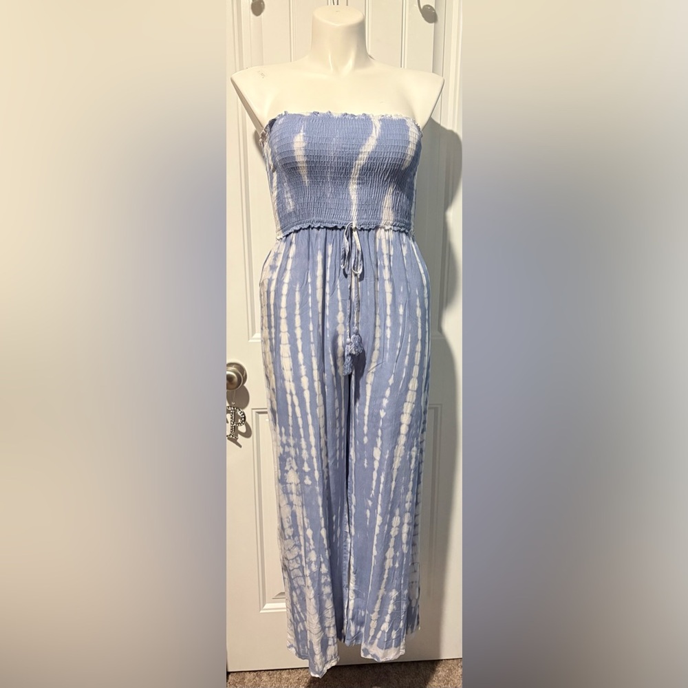 Kiwi & Punch Powder Blue and White Tie-Dye Strapless Jumpsuit